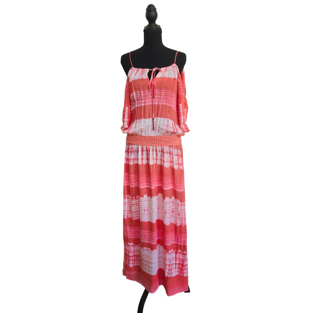 Khush Coral White Tie Dye Maxi Boho Smocked Small‎ Beachy Coastal Pool Cover up